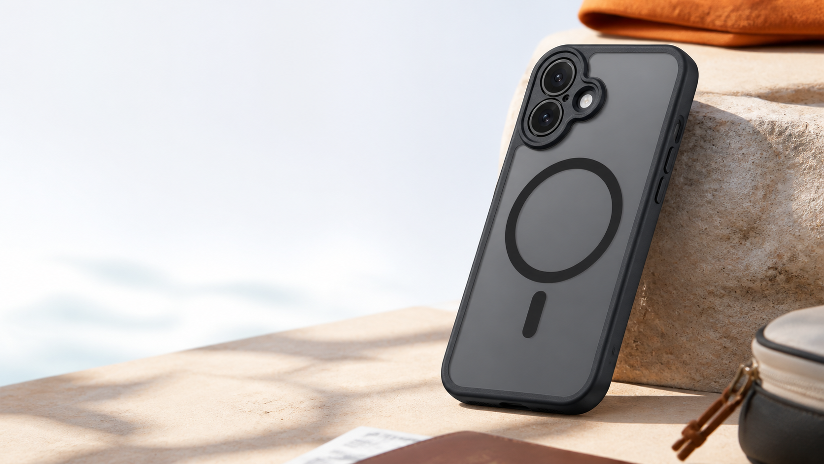 Geeke magnetic matte phone case on a warm stone surface